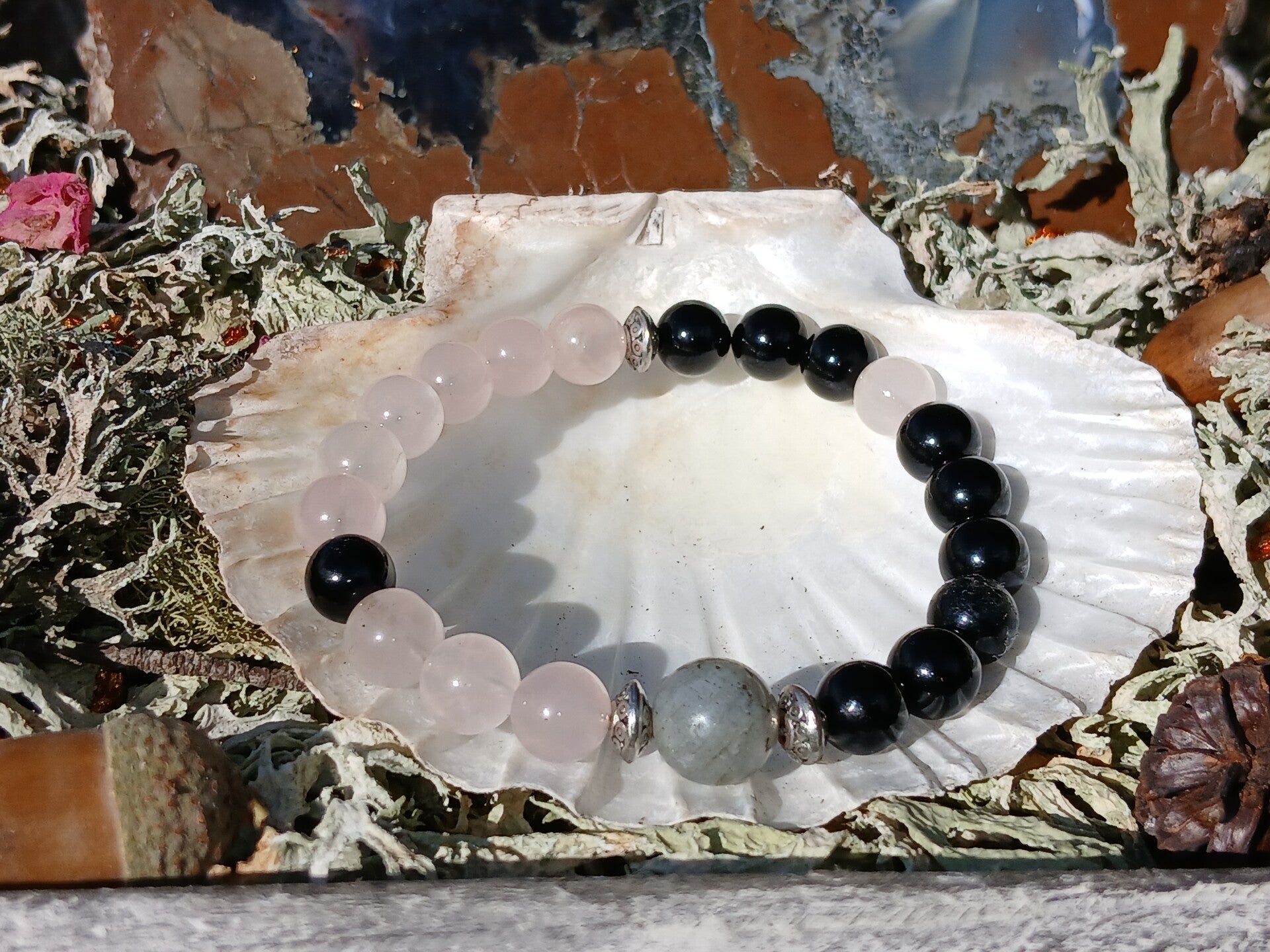 Rose Quartz, Onyx and Labradorite Yin Yang Bracelet