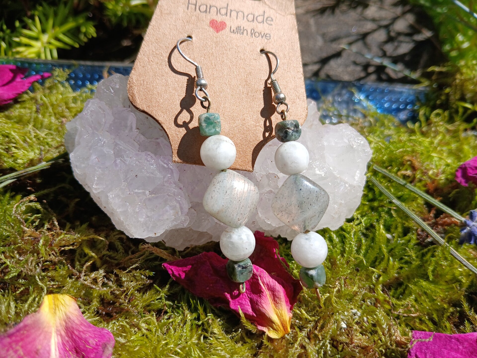 Emerald, Moon Stone, and Labradorite Earrings