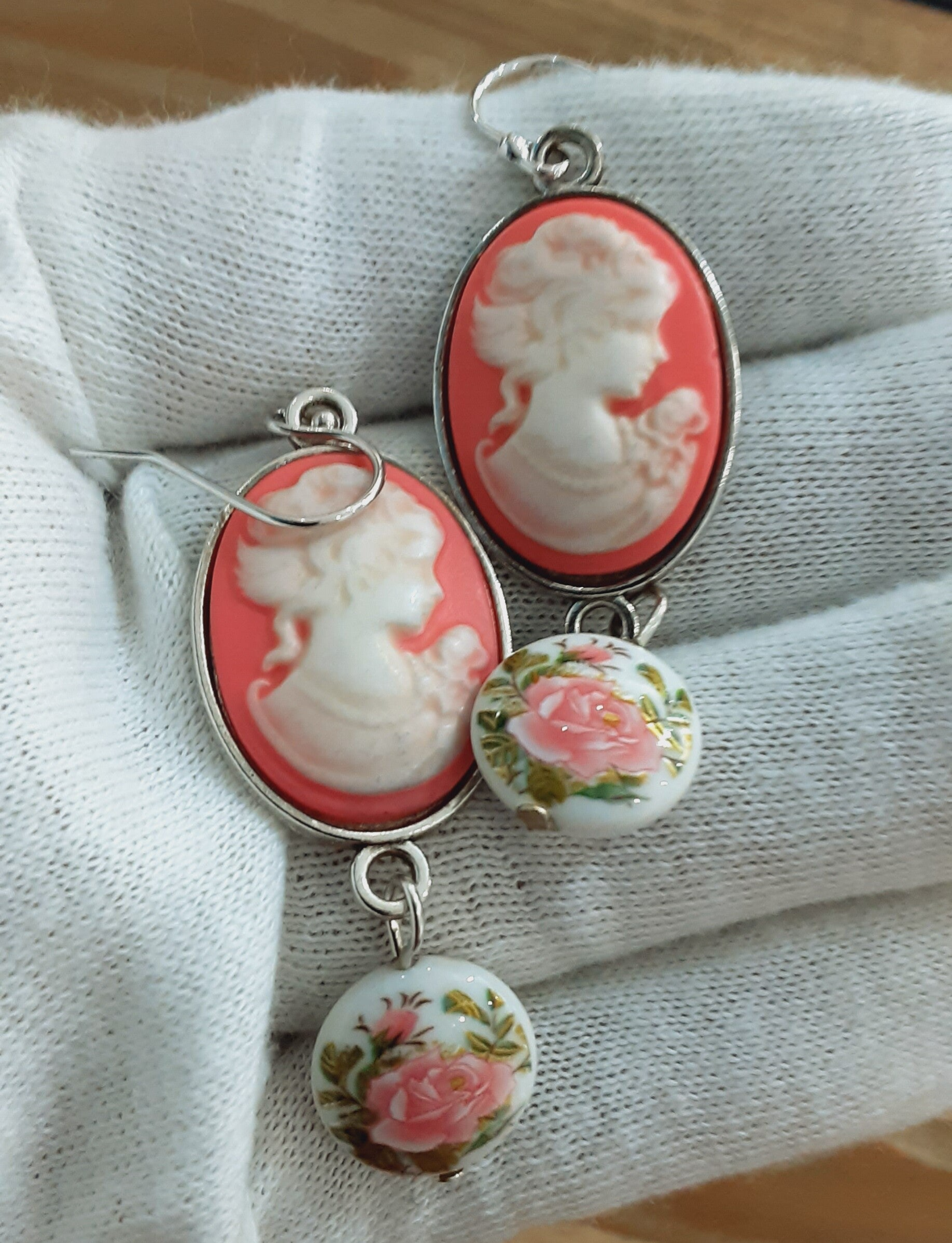 Boucles d'oreilles Camées Rose & Argent