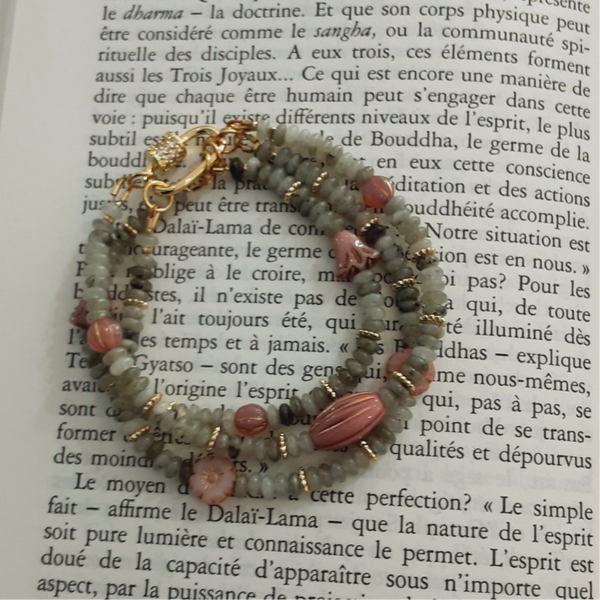 Bracelet "Zélina" multi rangs en Labradorite et perles de Verre Tchèque
