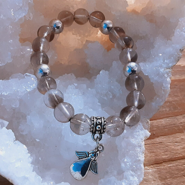 Bracelet Quartz Fumé & breloque Ange