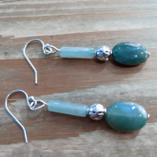 Boucles d'oreilles Aventurine verte, Agate & Argent