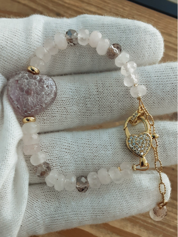 Bracelet "Cœur d'Ange" en Quartz rose & perles de verre Tchèque