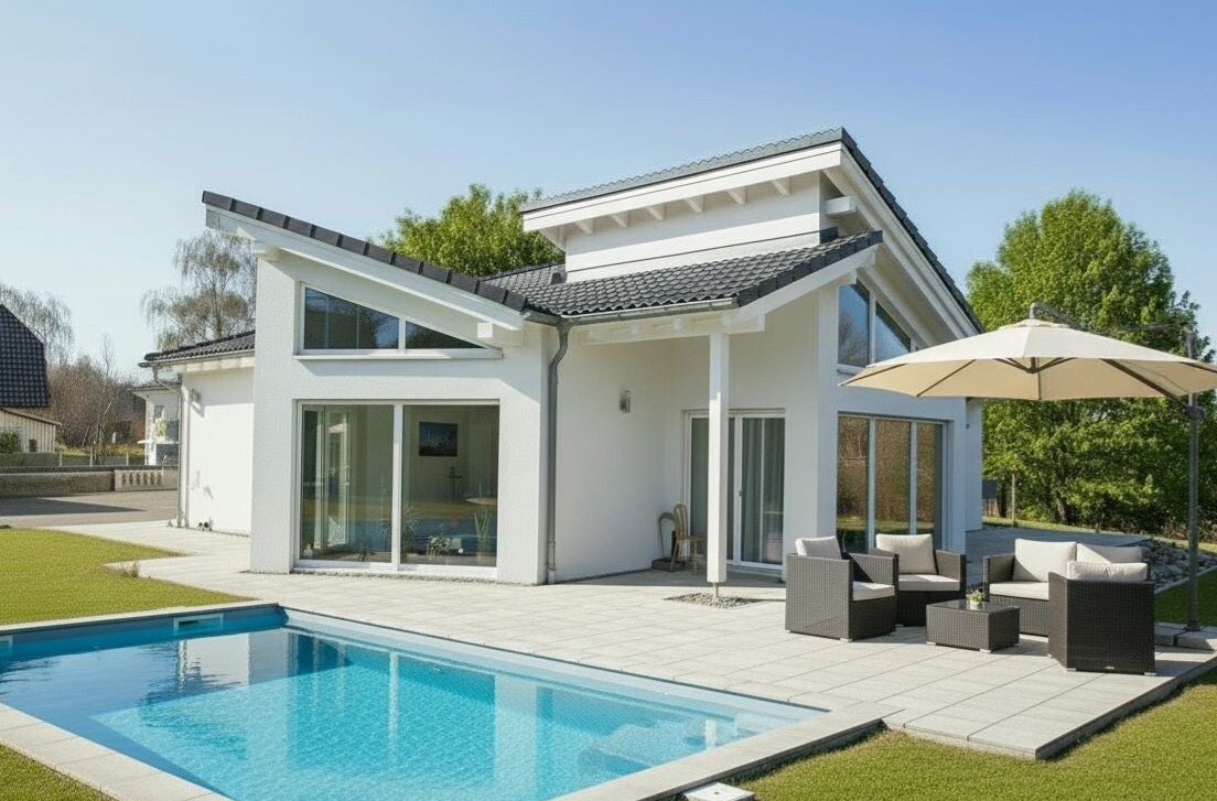 Exklusiver Bungalow als Fertighaus in 86946 Vilgertshofen bei Landsberg am Lech. Besonderes Architektur-Highlight mit versetzten Dächern und drei Kinderzimmern für Familien. Modernes Wohnen auf einer Ebene in Oberbayern mit außergewöhnlichem Design