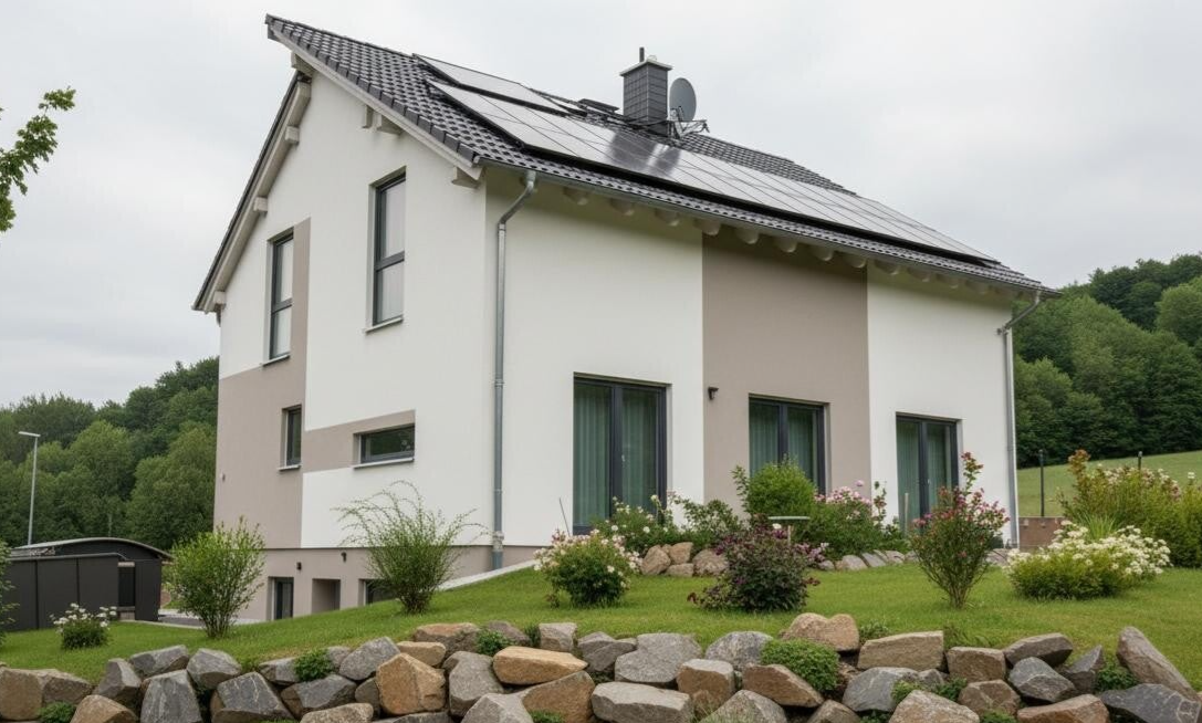 Modernes Fertighaus mit versetztem Pultdach in Alzenau-Michelbach. Energieeffizientes Wohnhaus mit Photovoltaik-Anlage und vollwertigem Kellergeschoss. Nachhaltiges Bauprojekt in Unterfranken mit moderner Architektur und regenerativer Haustechnik.