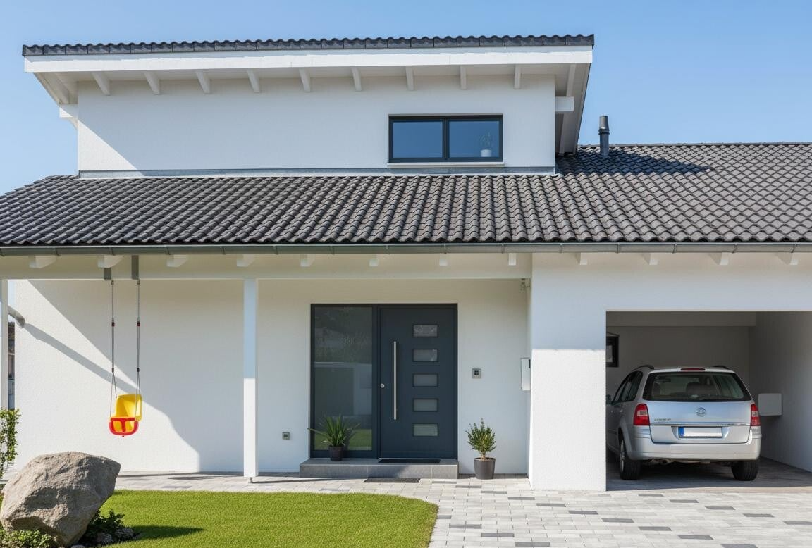Moderner Pultdach-Bungalow in Spiegelau mit integrierter Garage und direktem Hauszugang, barrierefreie Planung auf einer Ebene, zeitgemäße Architektur mit markanter Dachform und nachhaltiger Bauweise im Bayerischen Wald.