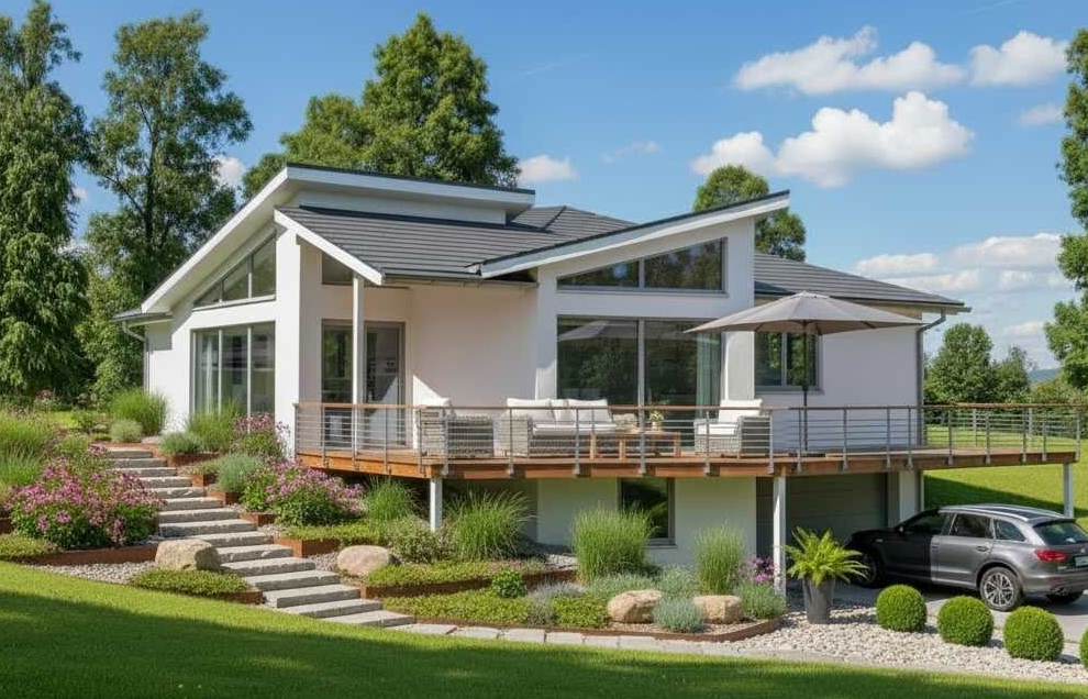 Exklusiver Bungalow in 86399 Bobingen bei Augsburg. Besonderes Bauprojekt am Hang mit integrierter Garage im Kellergeschoss. Barrierearmes Wohnen in Schwaben kombiniert mit intelligenter Hangbebauung und moderner Architektur in Bayern.