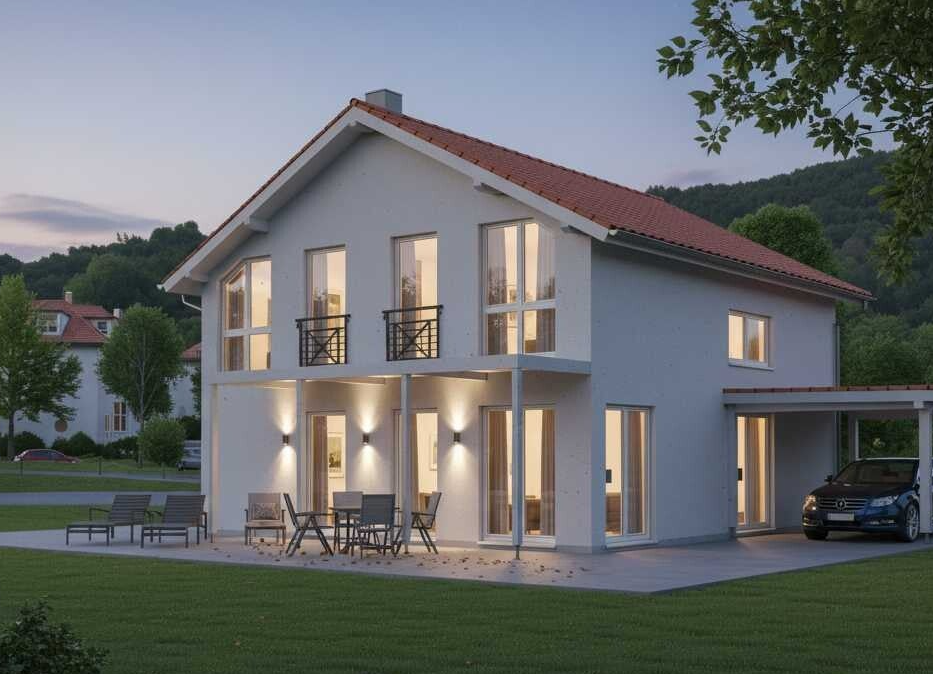 Ökologisches Holzhaus in 73333 Gingen an der Fils bei Göppingen. Nachhaltiges Fertighaus in Baden-Württemberg mit modernem Carport und perfekter Platzausnutzung durch einen hohen Kniestock für mehr Wohnraum im Dachgeschoss. Individueller Neubau im Filstal