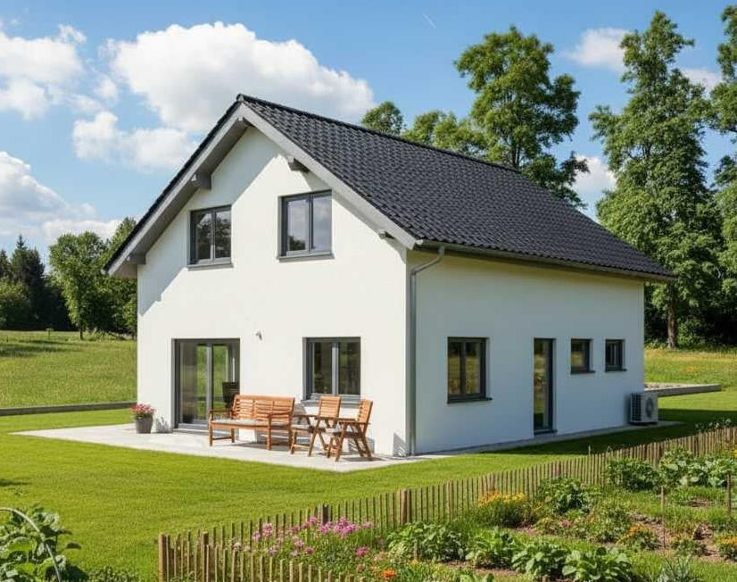 Kompaktes Fertighaus in 89346 Bibertal bei Ulm. Energieeffizientes Neubauprojekt in Schwaben mit moderner Wärmepumpentechnik und hochdämmender Gebäudehülle für minimale Energiekosten. Ein ideales Referenzhaus für nachhaltiges Bauen.