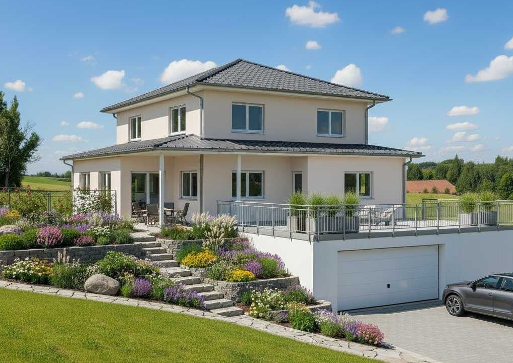 Exklusives Haus am Hang in 89346 Haldenwang bei Burgau. Modernes Gebäude mit zwei Vollgeschossen, Walmdach und heller Fassade. Referenzobjekt für massives Bauen in der Region Schwaben ohne Dachschrägen im Obergeschoss.