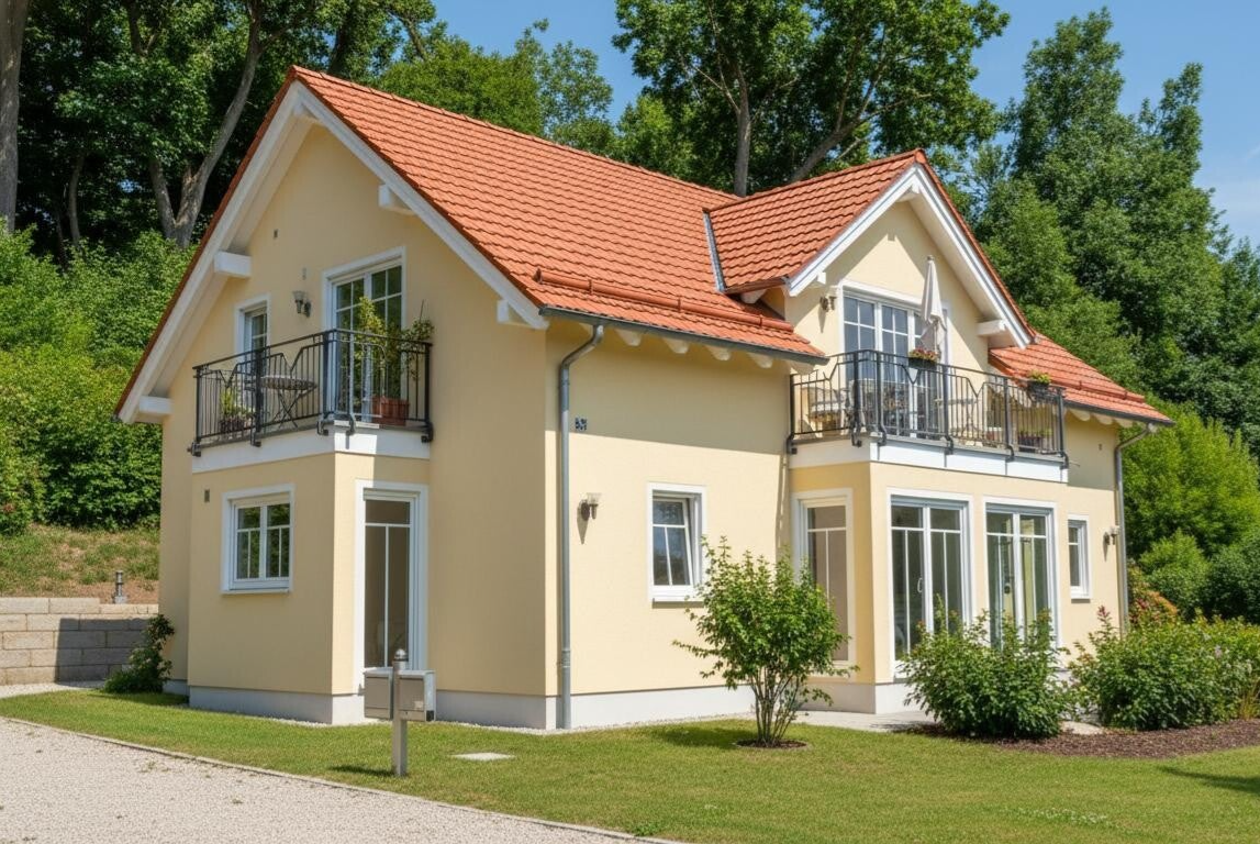 Stilvolles Fertighaus mit klassischem Satteldach, elegantem Erker und großzügigem Balkon in 84439 Steinkirchen im Landkreis Erding. Hochwertiges Einfamilienhaus in Oberbayern mit individuellen Architekturelementen und nachhaltiger Holzständerbauweise.