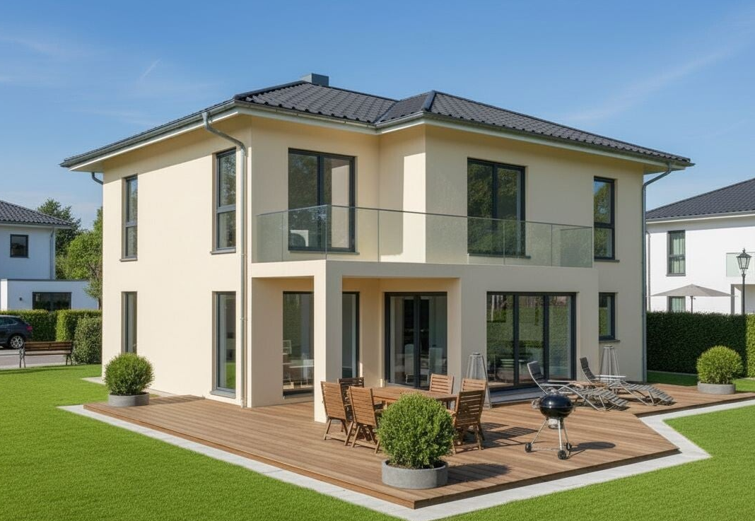 Exklusive Stadtvilla in 73479 Ellwangen mit zwei Vollgeschossen, moderner Architektur und großzügiger Fensterfront, die für lichtdurchflutete Wohnräume sorgt, gebaut nach individueller Planung im Ostalbkreis in Baden-Württemberg