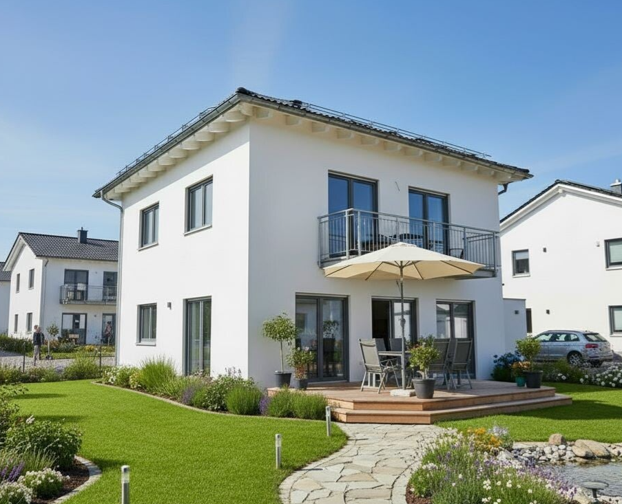 Individuell geplantes Stadthaus als Fertighaus in Irsingen bei Bad Wörishofen, moderne zweigeschossige Architektur mit klaren Linien und energieeffizienter Bauweise im Unterallgäu