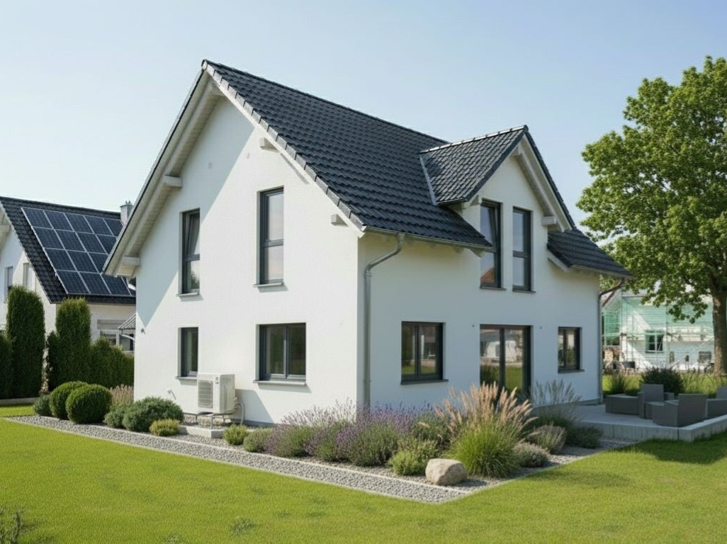 Modernes Fertighaus in Breitenbrunn, Bayern, mit architektonisch ansprechendem Quergiebel für erweiterten Wohnraum im Obergeschoss und zeitgemäßer Fassadengestaltung