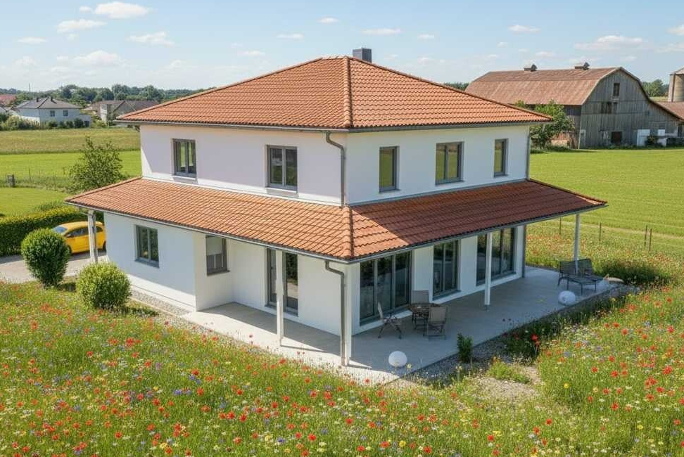 Exklusives Toskanahaus in 89129 Langenau bei Ulm im Alb-Donau-Kreis. Mediterrane Architektur mit großzügiger Terrassenüberdachung für geschütztes Wohnen im Freien. Stilvolles Einfamilienhaus in Baden-Württemberg mit zwei Vollgeschossen