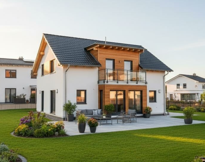 Individuell geplantes Fertighaus mit markantem Quergiebel und modernem Balkon in Bissingen an der Teck (nahe Gingen), hochwertige Architektur mit heller Außenfassade