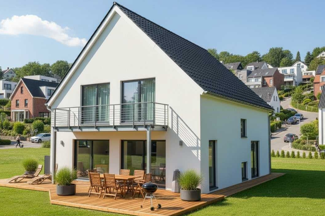 Vom Architekten geplantes Fertighaus in 76829 Landau in der Pfalz. Modernes Einfamilienhaus auf einem schmalen Grundstück mit maximaler Wohnflächenausnutzung durch clevere Grundrissplanung in Rheinland-Pfalz. Hochwertige Architektur