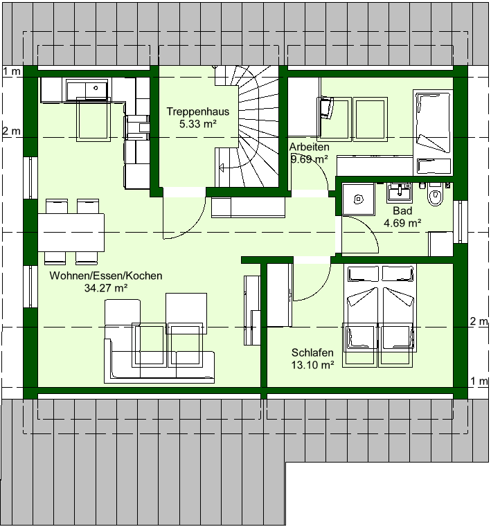 Dachgeschoss-Grundriss einer 67 qm Appartementwohnung mit eigenem Duschbad. Kompakte, lichtdurchflutete Einheit im Dreifamilienhaus, ideal als Single-Wohnung, Home-Office oder für den Nachwuchs.