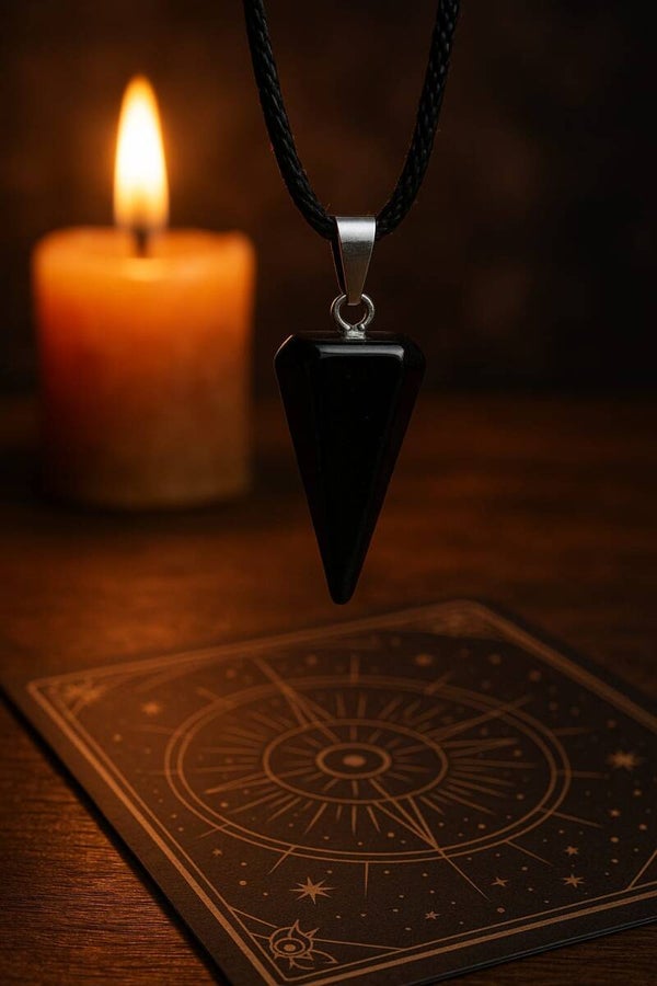 Collier pendentif pendule obsidienne oeil céleste pointe hexagonale