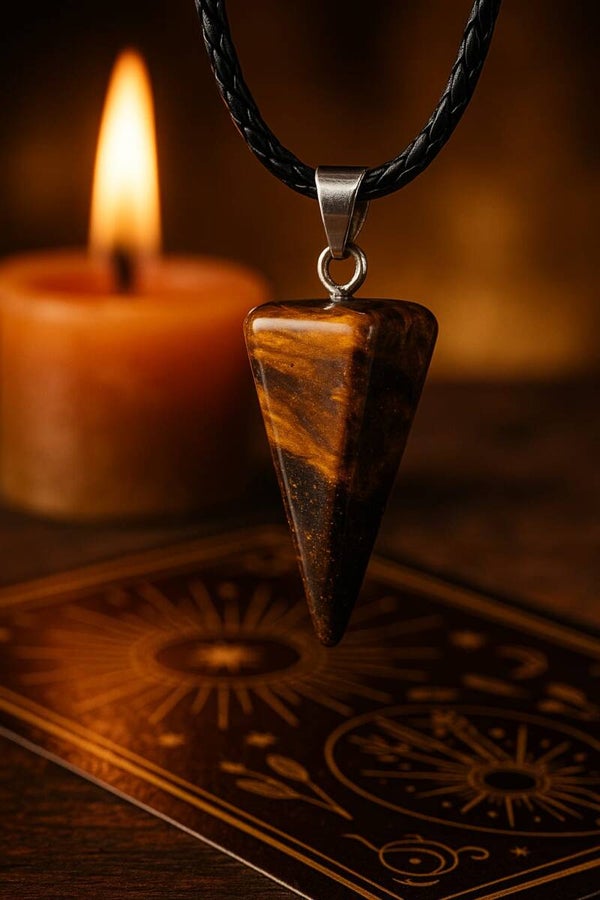 Collier pendentif pendule en oeil de tigre pointe hexagonale