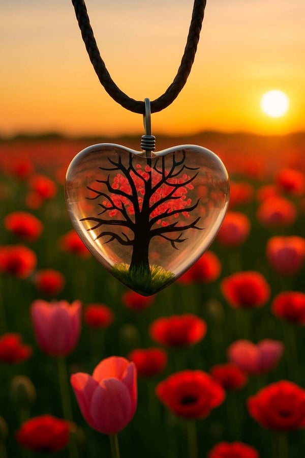 Collier pendentif Arbre de Vie en forme de coeur rouge ou
