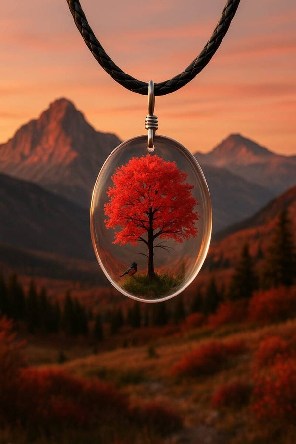 Collier pendentif Arbre de Vie en forme de goutte d'eau petit modèle de couleur rouge