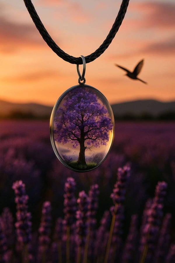 Collier pendentif Arbre de Vie en forme de goutte d'eau petit modèle de couleur violette