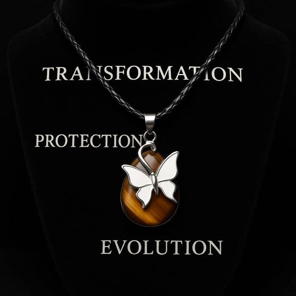 Collier pendentif en oeil de tigre orné d'un papillon blanc