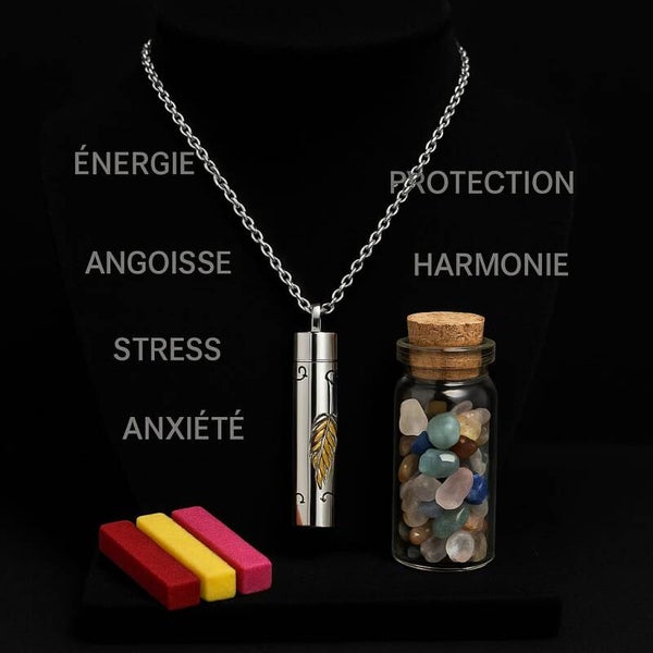 Collier pendentif diffuseur pierres et huiles essentielles en acier inoxydable