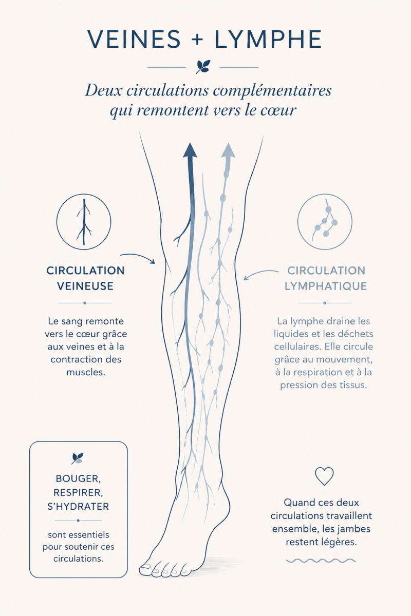 Schéma simplifié d’une jambe montrant la circulation veineuse et lymphatique vers le haut du corps.