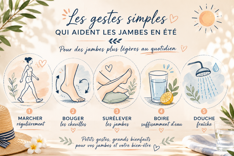 Infographie présentant les bons réflexes contre les jambes lourdes en été : marcher, bouger les chevilles, boire de l’eau et surélever les jambes
