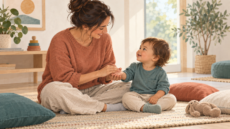 Parent réalisant un massage doux sur la main de son jeune enfant lors d’un atelier de Tui Na pédiatrique.