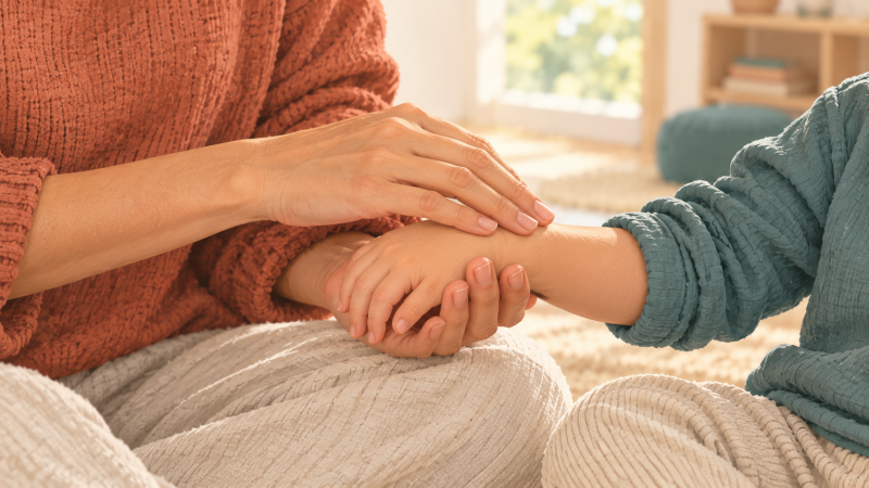 Mains d’un parent effectuant un geste doux de Tui Na sur l’avant-bras de son enfant.