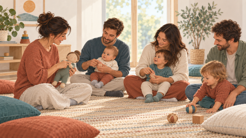 Illustration d’une animatrice montrant un geste à trois parents accompagnés de leurs jeunes enfants.