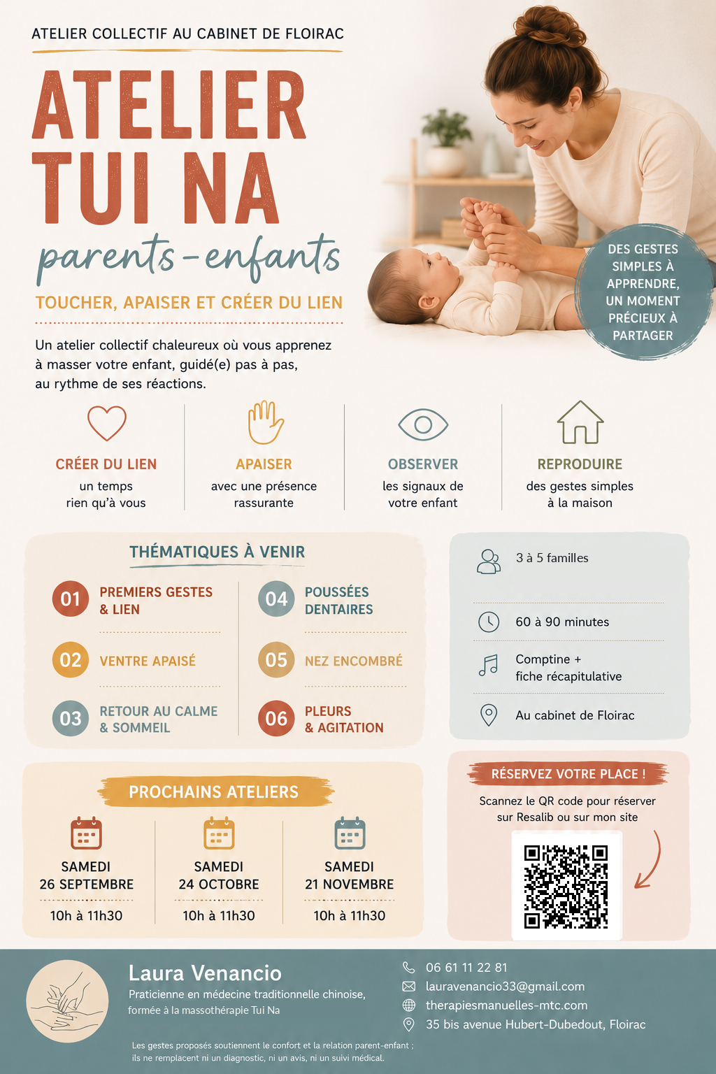 Flyer des ateliers collectifs Tui Na parents-enfants animés par Laura Venancio à Floirac, montrant une mère massant doucement les pieds de son bébé.