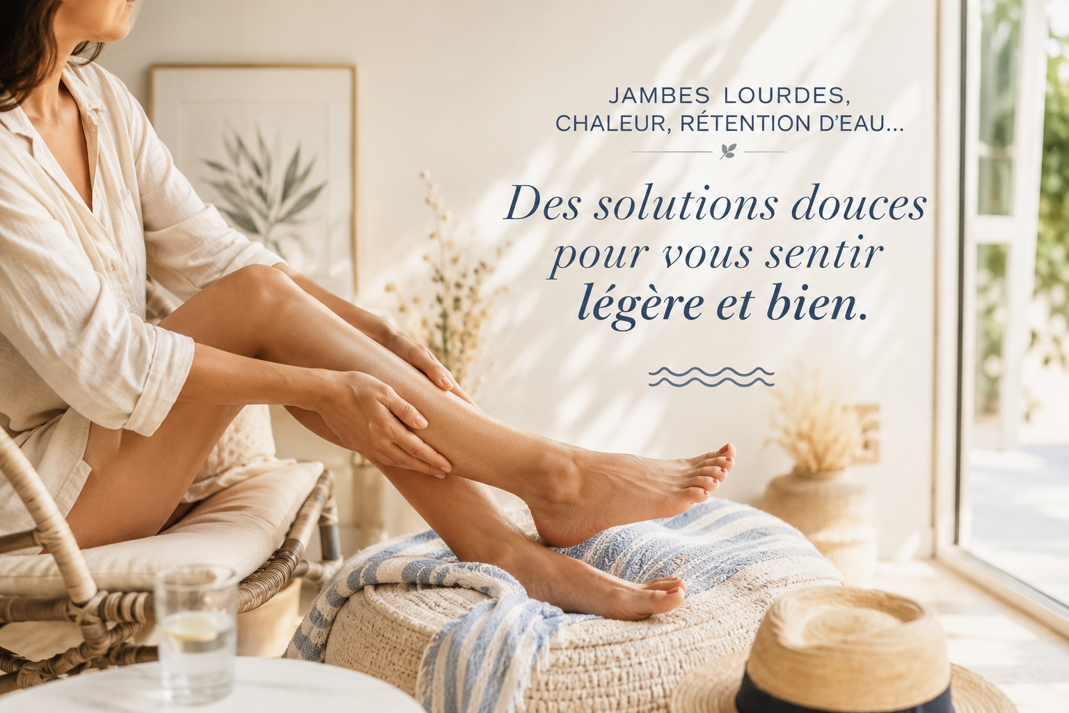 Femme assise en été avec les jambes surélevées, illustrant les jambes lourdes et la rétention d’eau liée à la chaleur.