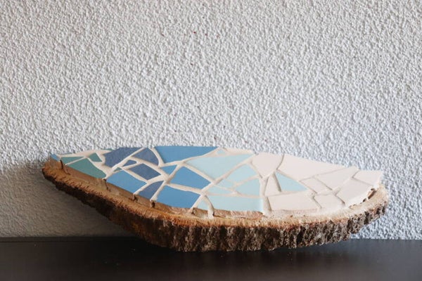 Mozaiek in blauw op eiken