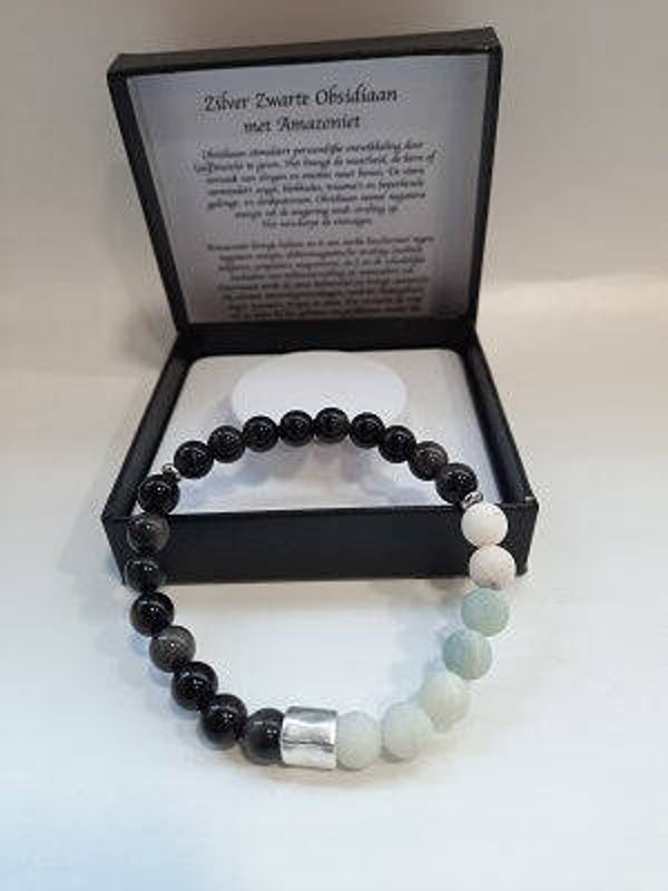 Herenarmband zilver zwart Obsidiaan & Amazoniet