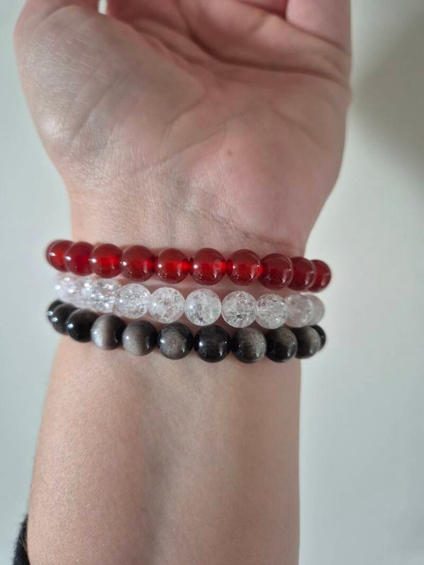 🧡🤍🖤✨ Carneool • Firecrack Bergkristal • Zilverobsidiaan – Armband