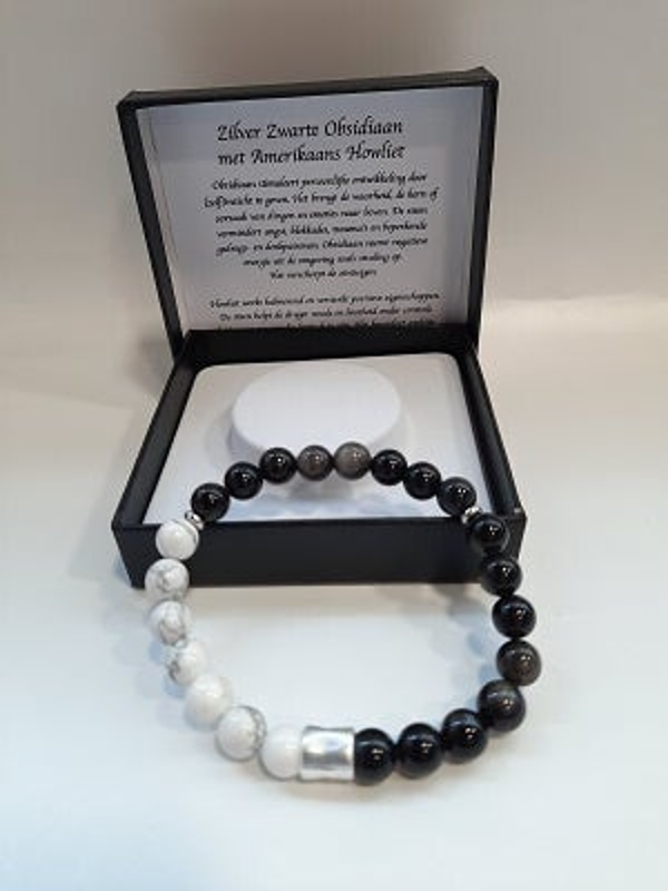 Herenarmband natuurstenen zilver zwart Obsidiaan & Amerikaans Howliet