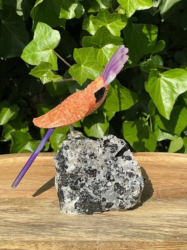 🧡💜🖤 Calciet Vogel op Zwarte Toermalijn in Kwarts