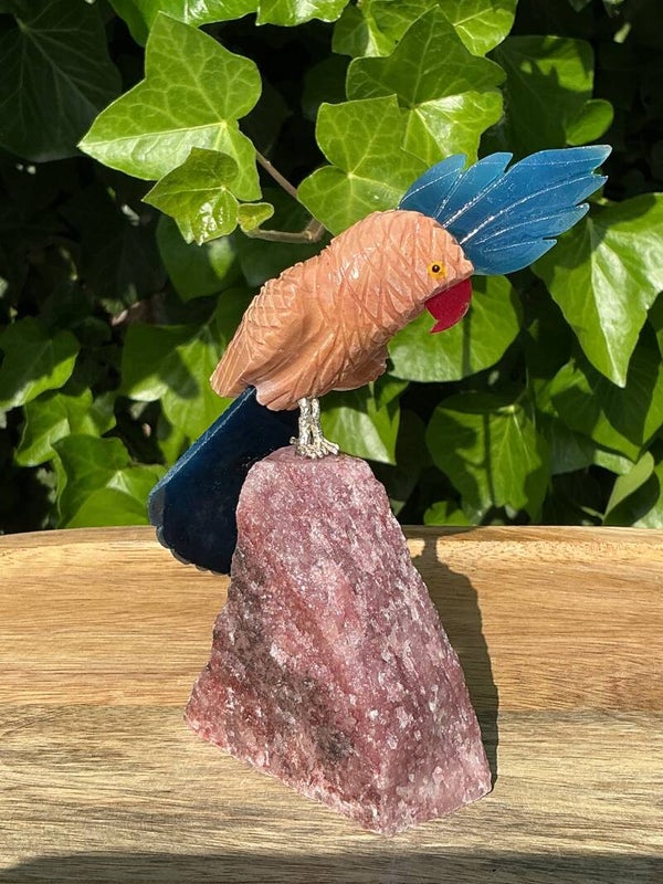 🌸🕊️✨ Calciet Vogel op Aardbeikwarts