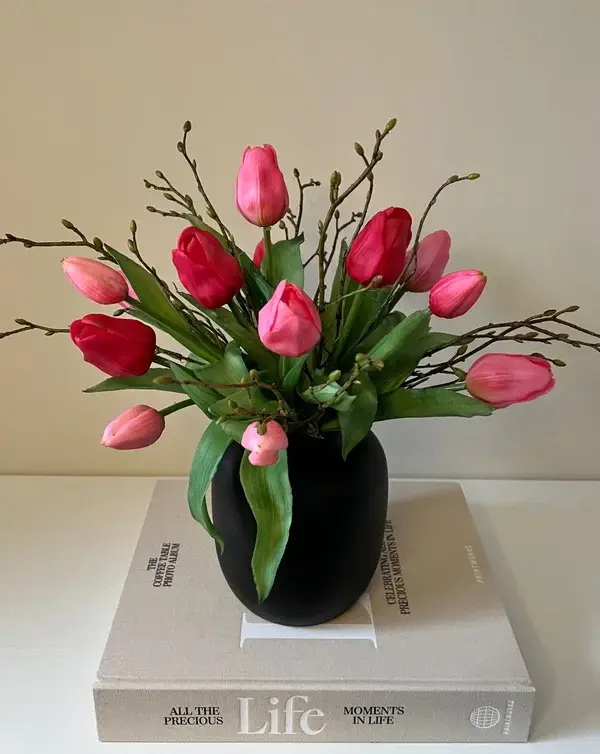 Real Touch boeket kunst Tulpen Fuchsia/Roze met of zonder vaas
