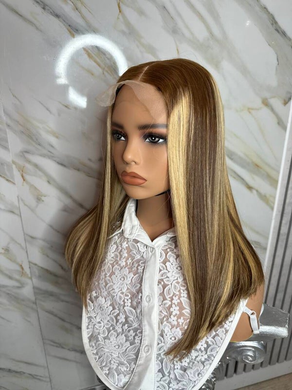 14” Vietnamese Silky bone straight blonde with Brown Lowlights
