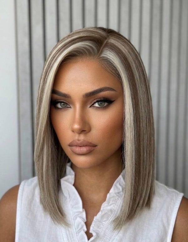 14” Ash Blonde Silky Straight with Coffee Broen Lowlights.