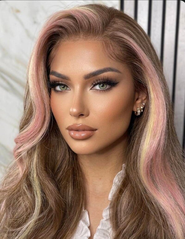 22” Chocolate Brown with Blonde and Pink Highlights
