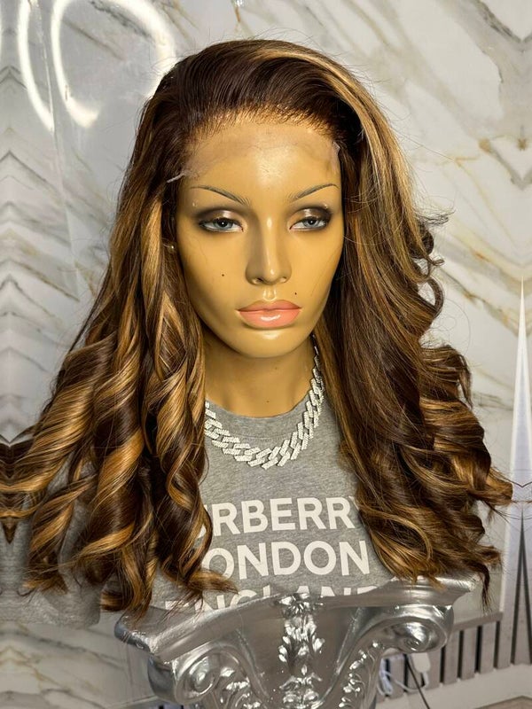 HD Warm Chocolate Brown Romance curls with Honey Blonde Highlights