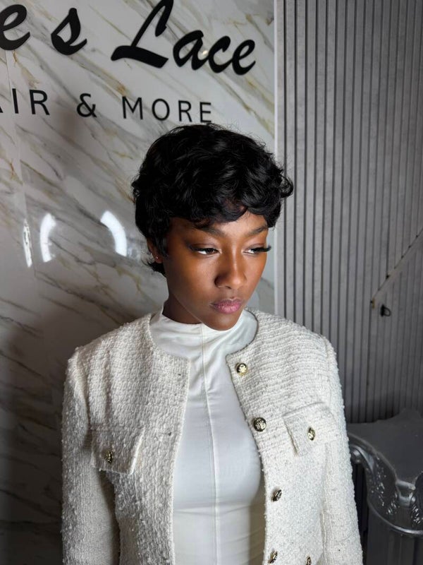 Black short Pixie Cut with small mullet