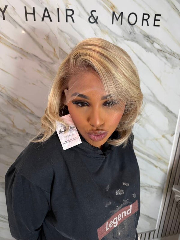 10” Blonde with brown swirl and dark roots front wig