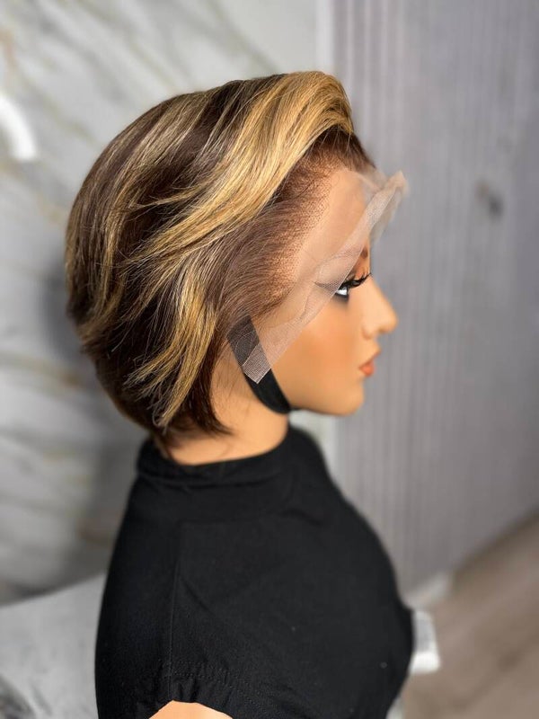 Donor natural brown  Short wig with blonde highlights